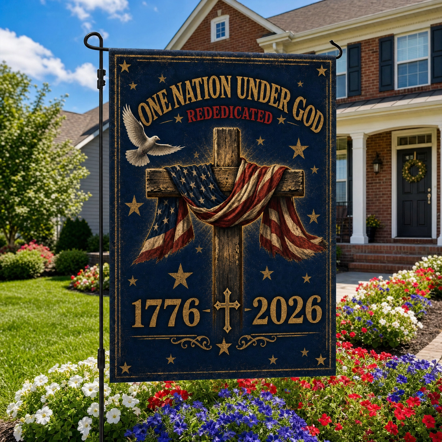 One Nation Under God Double-Sided Flag — 1776-2026 Patriotic Cross & Dove Memorial Flag